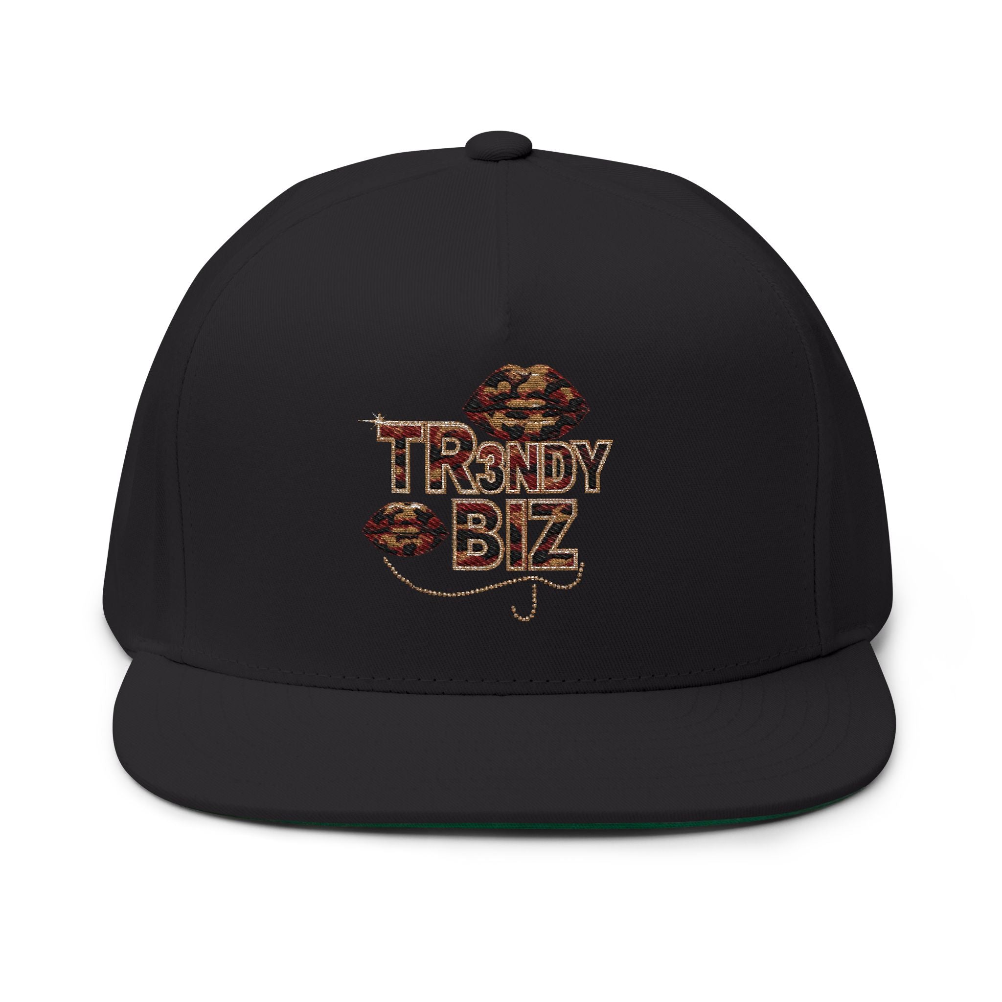 Tr3ndyBiz Flat Bill Cap — 'Tr3ndy Biz' Leopard Embroidered Snapback