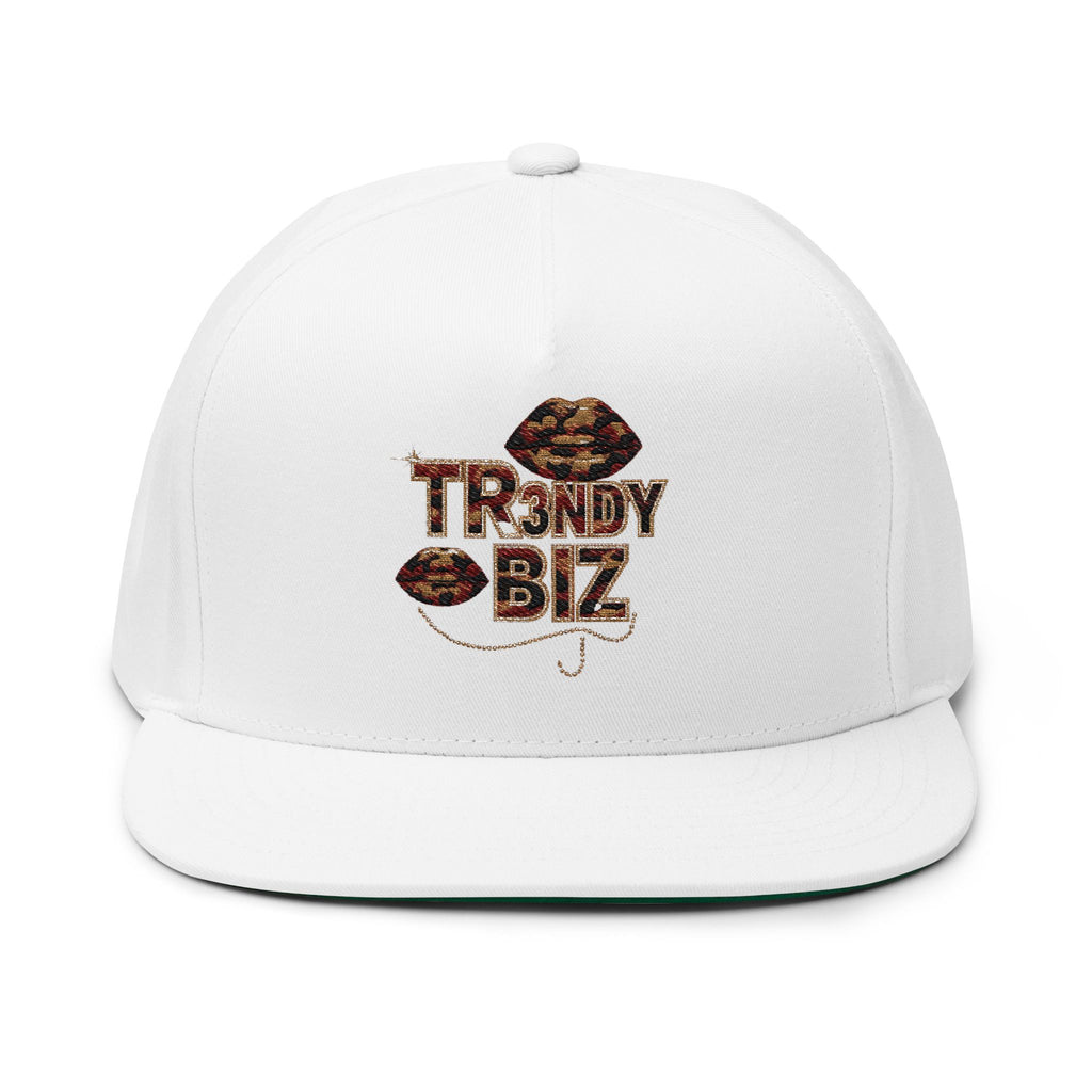 Tr3ndyBiz Flat Bill Cap — 'Tr3ndy Biz' Leopard Embroidered Snapback
