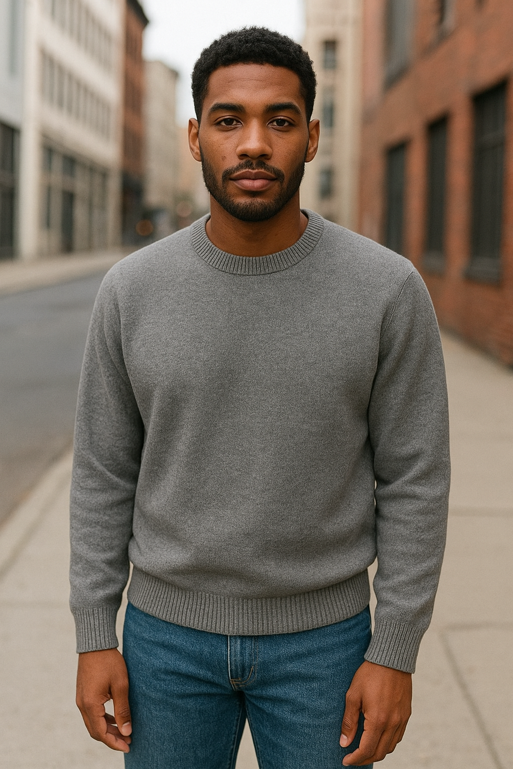 Tr3ndyBiz Classic Grey Knit Crewneck Sweater With Relaxed Fit And Ribbed Cuffs And Hem Everyday Wardrobe Essential