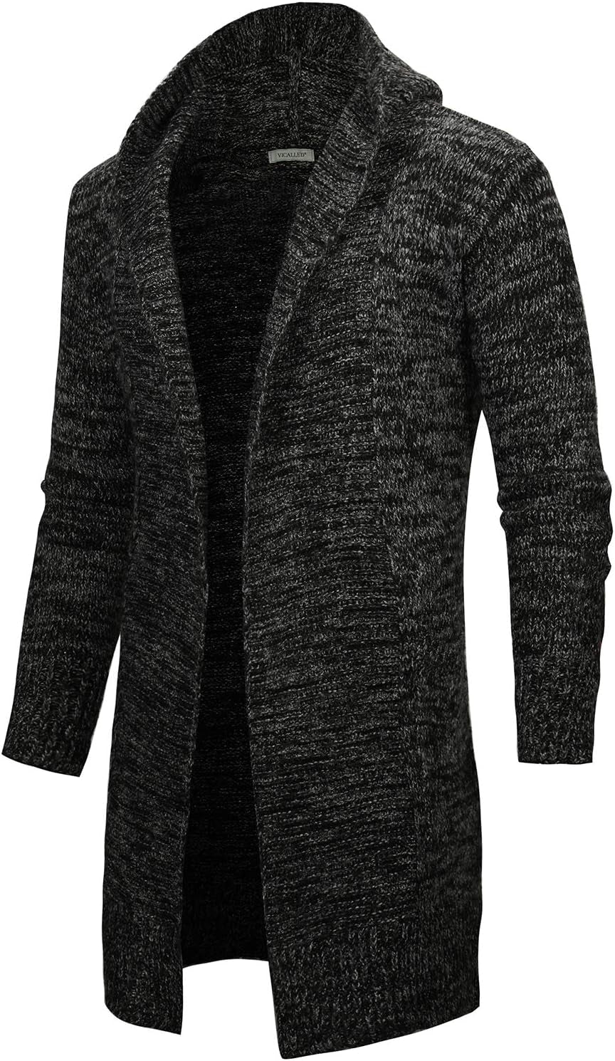 Tr3ndyBiz Men'S Long Cardigan Sweater Hooded Knit Slim Fit Open Front Longline Cardigans with Pockets