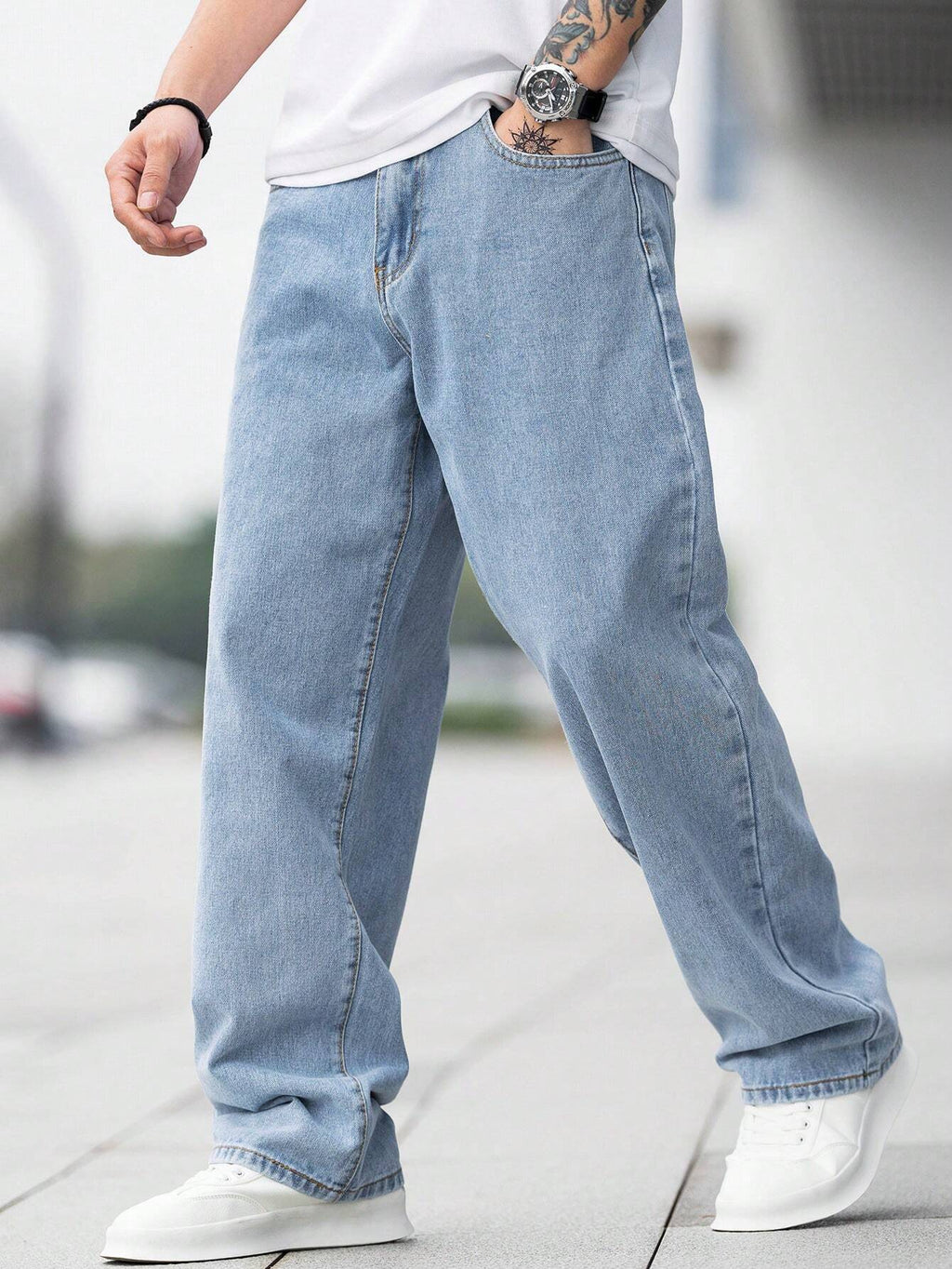 GALLERY FADE Loose Fit Men'S Cotton Jeans with Slant Pockets Baggy Long Washed Skater Jean Cargo Plain Light Blue Going Out Y2K Friends Urban Going Out Commute Work Vacation