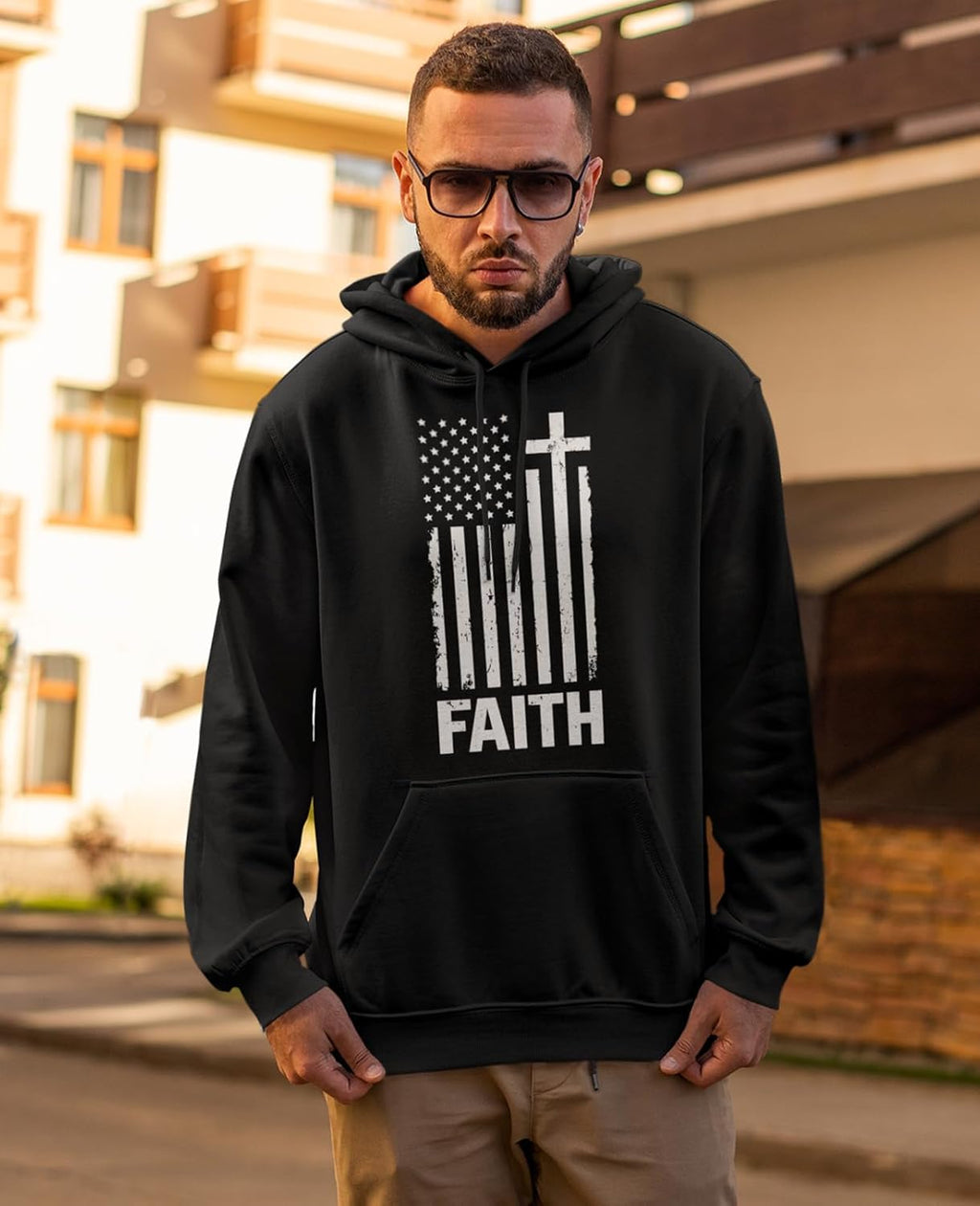Tr3ndyBiz Faith-Based American Flag Hoodie for Men - Cross & USA Graphic Sweatshirt for Him
